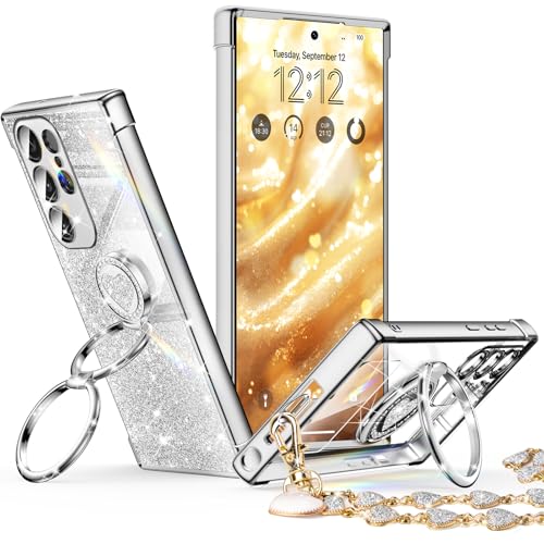 Image of XYZ for Galaxy S25 Ultra Case with Stand, for Samsung Galaxy S25 Ultra Case with Double Ring, Women Girls Bling Luxury Glitter Clear Phone Case Cover Heart for Samsung S25 Ultra, Silver