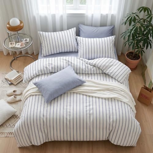 Image of Nayoroom Blue Striped Duvet Cover Queen White Pinstripe Coastal Bedding