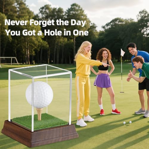 Image of Golf Ball Display Case Hole in One Golf Ball Display Case Walnut Wood Base Acrylic Golf Ball Holder Display Uv Protection Golfball Stand,Golf Office Decor Gifts for Men