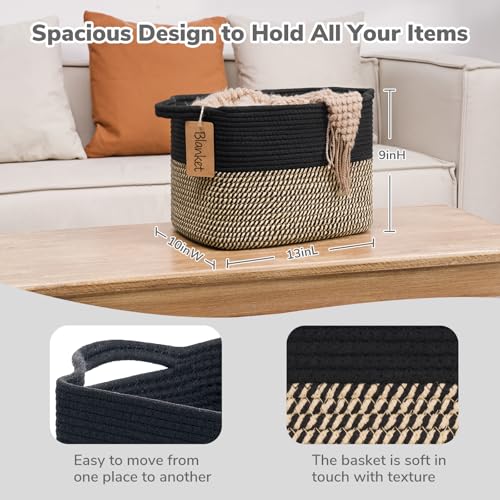 Image of Goodpick Woven Storage Basket for Shelves, Rectangle, Black & Jute | 13 inch x 10 inch x 9 inch Stylish Gift Basket for Home Decor, Wicker Baskets for Shoes, Toys & Books Storage, Reinforced Handles