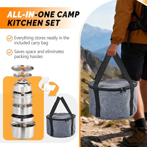 ROVSUN 6pcs Cookware Set, 304 Stainless Steel Lightweight Non-Stick Pot, Kettle and Spin with Travel Tote Bag for Open Fire, Camping, Outdoor Cooking for 4-6 - Image 2