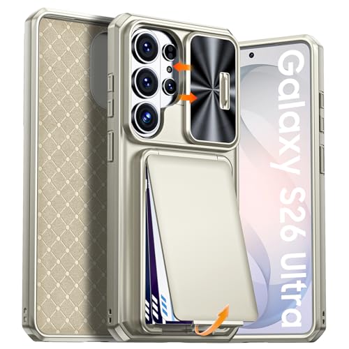 BSNRM for Samsung Galaxy S26 Ultra Case Wallet with RFID Blocking, Card Holder, Slide Camera Lens Cover, Silicone Edge Raised, Rugged Heavy Duty Phone Cover Case for S26 Ultra, 2026, Titanium Gold by BSNRM - Used condition - US$11.14