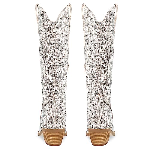 Stalov Rhinestone Boots For Women Sparkly Cowgirl Boots Western Cowboy Glitter Boots Pointed Toe Side Zipper Knee High Boots #TOP2