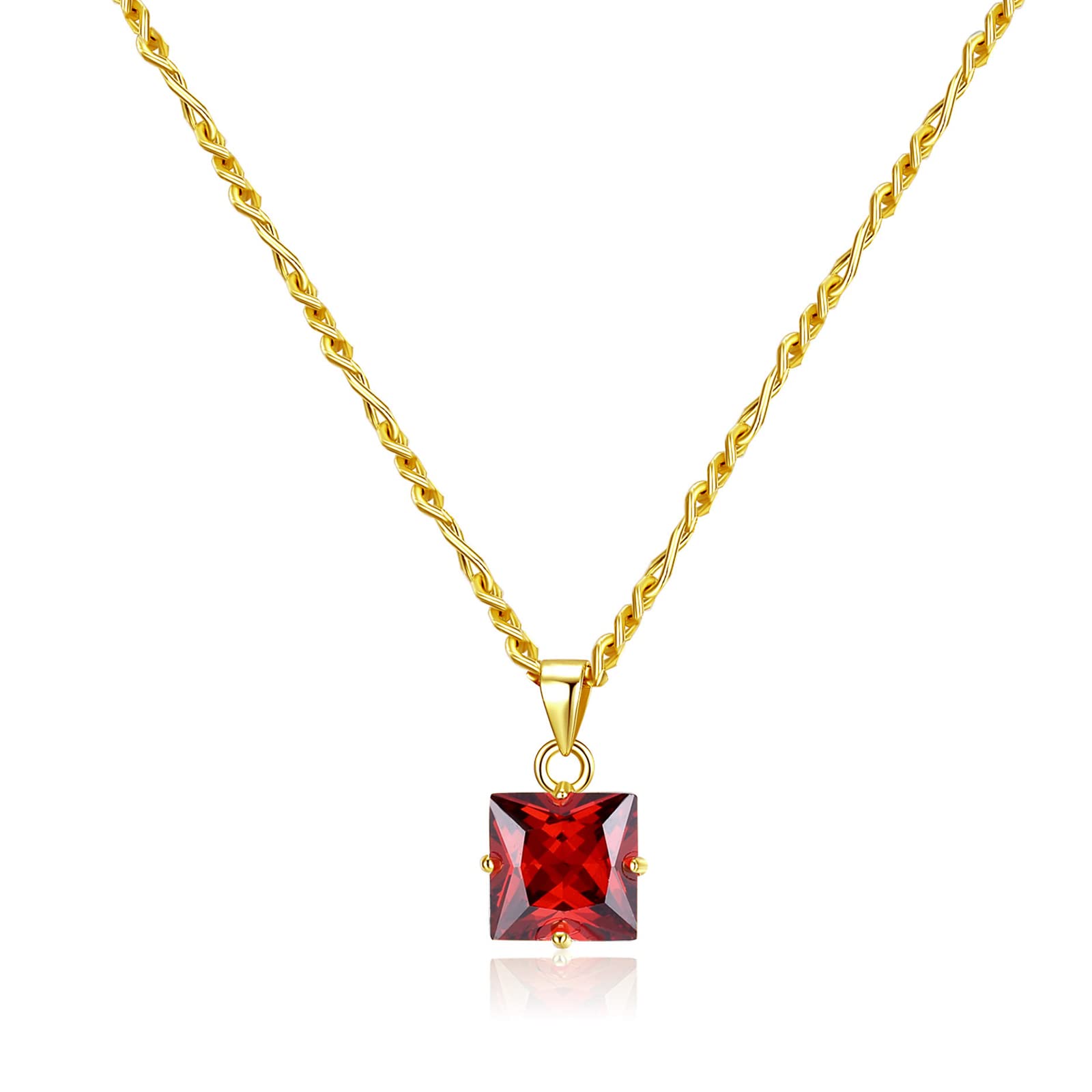 Princess Cut Clear CZ Pendant Figaro Chain Necklace 18 Inch | 18K Gold Plated | Princess-Cut Claw Prong Solitaire Necklace