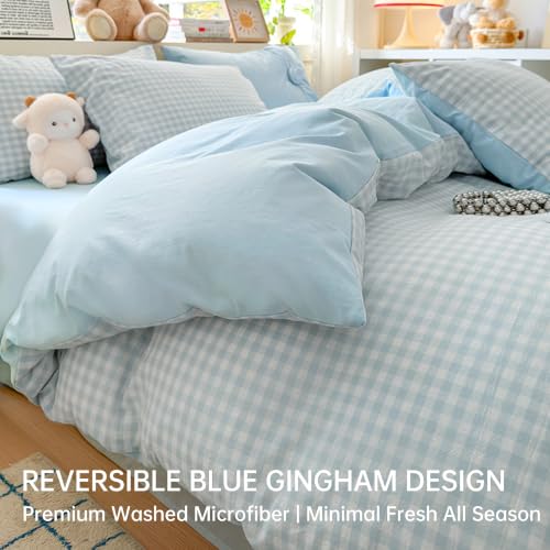 Image of BOLINLIVING Gingham Duvet Cover Twin Size, Reversible Blue White Checkered Plaid Comforter Cover Set, 2 Pcs Grid Soft Breathable Microfiber Bedding Set for Kids Women Men All Season