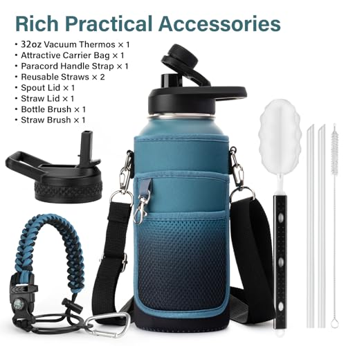 32 oz Insulated Water Bottle | Thickened Stainless Steel Vacuum Metal | Portable Sports Water Jug for Gym and Hiking with Straw, Carrier Bag, Handle Strap | BPA-Free 32 oz