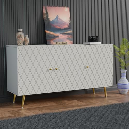 Image of Wooden Sideboard Cabinet for Living Room & Bedroom | Geometric Design Side Board Crockery Cabinet with 3 Doors Storage for Home | HDMR Premium Wood | Golden Metal Legs (White)