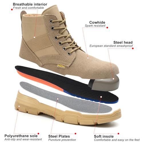 Steel Toe Boots for Men or Women, Slip Resistant Work Boots Steel Toe Shoes Indestructible Tactical Mid Top Safety Shoes for Warehouse Industry Construction - Khaki2