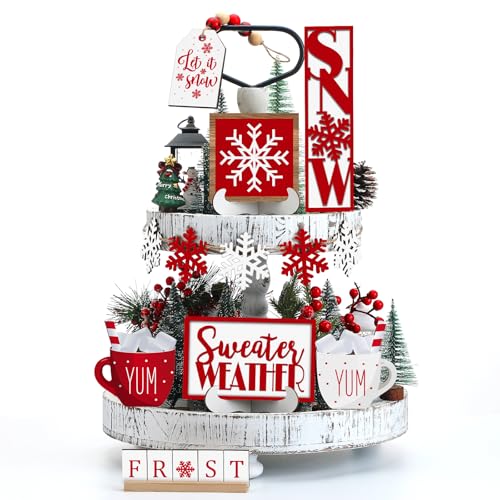 Jetec 12 Pieces Christmas Tiered Tray Decor Set Snowflake Wooden