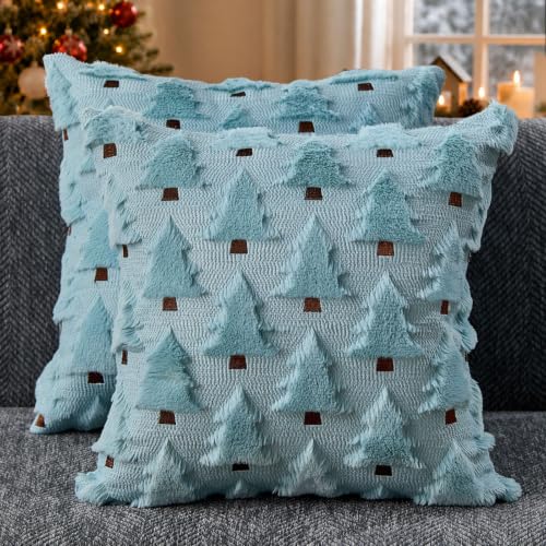 Image of Allorry Christmas Pillow Covers 18x18 inch Set of 2 Blue Christmas Decorations Soft Plush Faux Fur Wool Christmas Tree Throw Pillow Cases Winter Holiday Decor for Sofa Living Room PT002F18