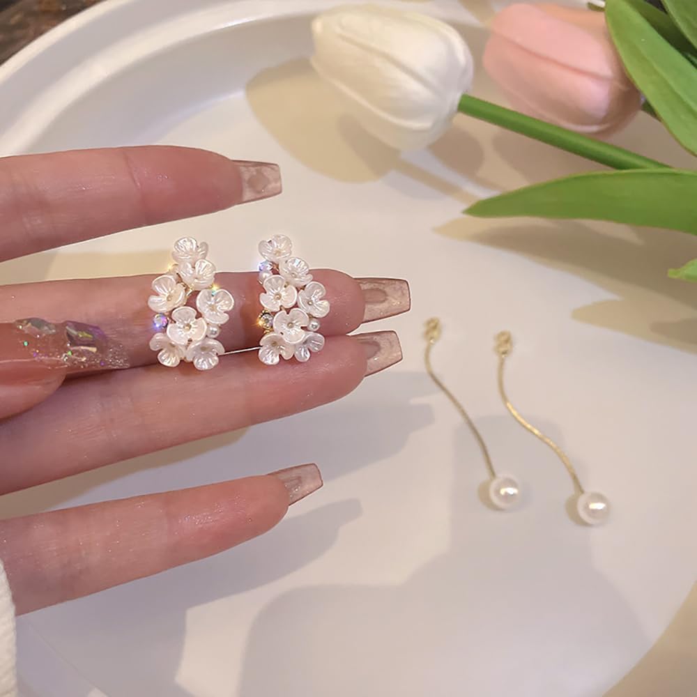 Shell Flower Pearl Earrings for Women Gold Pearl Flower Drop Earrings Vintage Long Pearl Earrings Jewelry Gifts - Image 4