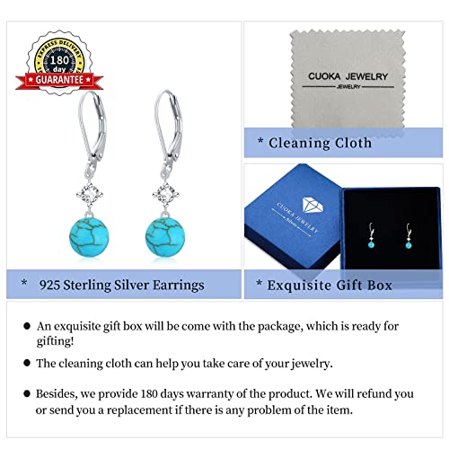Turquoise Leverback Earrings,S925 Sterling Silver Turquoise Blue Gemstone Bead Ball Drop Earrings Jewelry For Women Girls (Drop) #TOP5