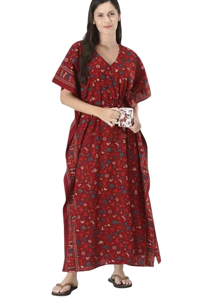 GHUMII Fashion Forever Women's Cotton Kaftan Mix Character Printed Maxi Nighty | Nighty for Women | Ladies Maxi | Women Night Gown |Nightdress | Night Gown for Winter & Summer (Maroon)-picture-23