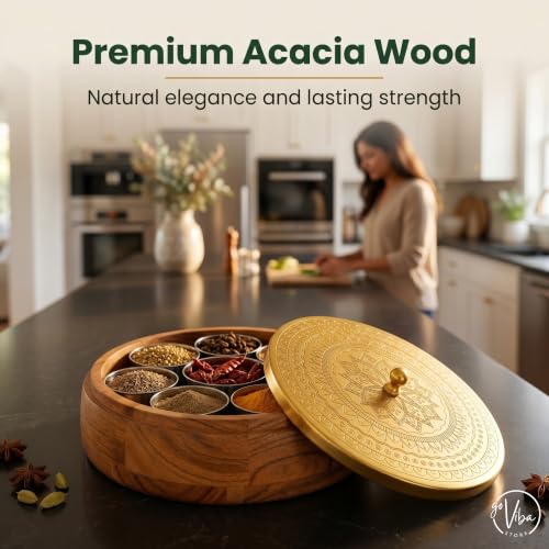 Image of Acacia Wood Masala Dabba with Brass-Finish Lid & 7 Stainless Steel Spice Containers + Spoon | Anjarai Petti Style Wooden Spice Box for Kitchen | Gifting Masala Box