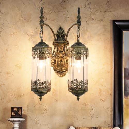 Image of Rustic Glass Wall Sconce Vintage Antique Gothic Wall Light Fixture Retro Farmhouse Mid Centry Lantern Wall Sconce for Bedroom, Living Room, Mirror, Brush Gold