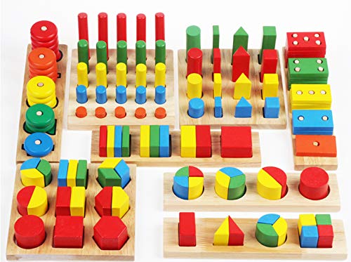 TOWO Wooden Geometric Shapes Stacking Rings and Fractions Boards 8 in 1 Set Puzzles- Shape Sorter Sorting Toy Stacking Game  Montessori Materials Educational Learning Toys for 3 4 5 6 Years