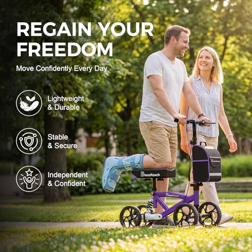 Image of BlessReach Steerable Knee Walker Deluxe Medical Scooter for Foot Injuries Compact Crutches, with Dual Rear on-Wheel Brake and Shock Absorption Under The Knee pad(Purple)