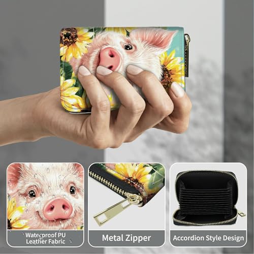 Image of Cute Credit Card Holder with Zipper, Pig Sunflowers RFID-Blocking Card Case Small Wallet for Women Men, Multi-slot Card Organizer Case Travel Accordion Wallet