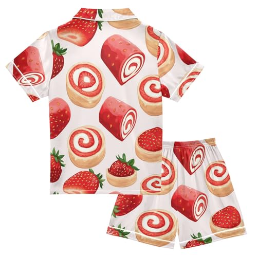 Satin Pajama Sets Short Sleeve Strawberry Sweet Roll Pattern Button Down Silky Nightwear 2 Piece PJS 5-14Y2