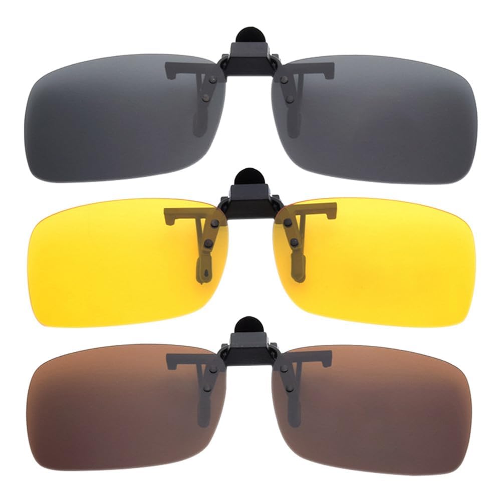 3 Pair Clip-On Sunglasses - Flip-Up Polarized and Night Vision Over-Glasses for Driving & Outdoor Activities