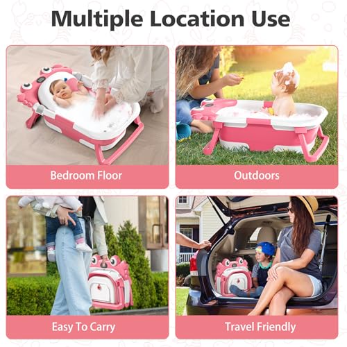Image of Collapsible Baby Bathtub for Newborns with Thermometer and Soft Floating Cushion Portable and Foldable Travel Baby Girl Bath Tub for Infants to Toddler 0-36 Month (Pink)