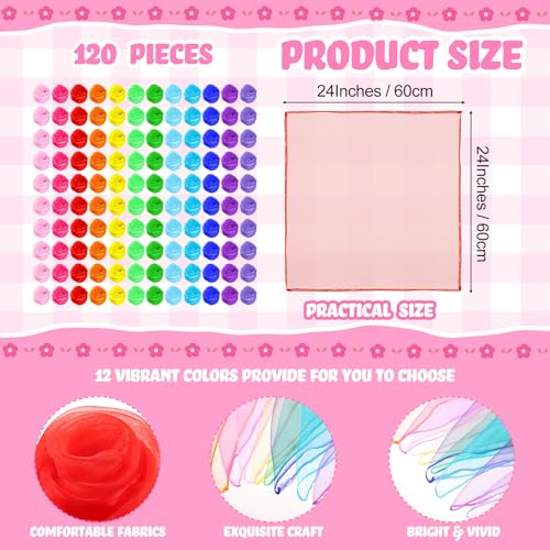 120 Pcs Dance Scarves Bulk 12 Colors Square Juggling Play Silk Scarves 24 x 24 in Colorful Rainbow Chiffon Music Movement Dancing Performance Props Accessories Learning Supplies2