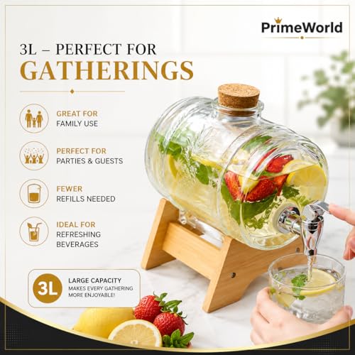 Image of 3L Glass Beverage Dispenser Barrel with Wooden Stand & Leakproof Tap | Premium Drink Server for Juice, Water, Wine, Cocktails & Iced Tea | Ideal for Home, Parties & Camping