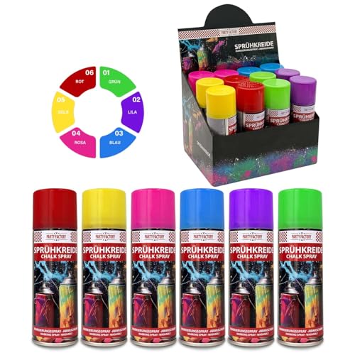 Party Factory Kreidespray 12er Set Abwaschbare Sprühkreide für Kinder & Party Wasserlösliche Kreidefarbe für Straßen & Rasen Ungiftige Straßenkreide zum Sprühen Buntes Markierungsspray 1200ml