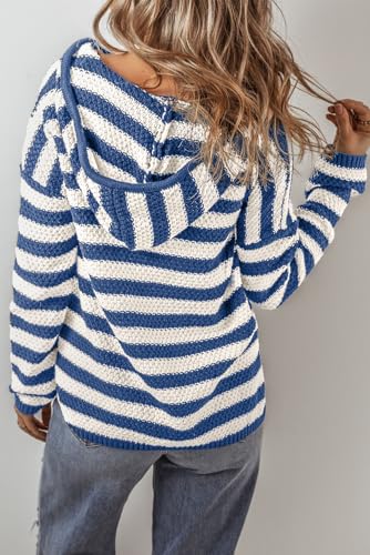 Women's Blue Stripe V Neck Drawstring Hooded Sweater with Kangaroo Pocket2