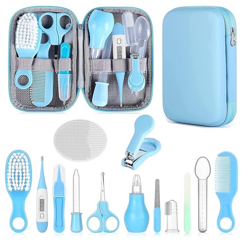 Image of Baby Grooming Kit, Infant Safety Care Set with Hair Brush Comb Nail Clipper Nasal Aspirator,Baby Essentials Kit for Newborn Girls Boys (Blue)