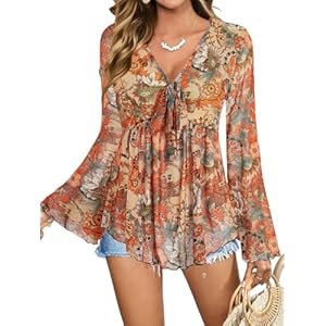 Verdusa Women’s Paisley Boho 70s Mesh Tops Western Outfits Lettuce Trim Peplum V Neck Long Sleeve Blouse Top
