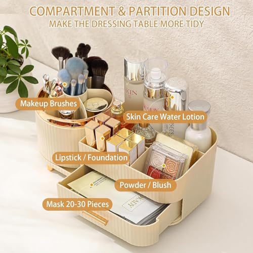 Image of SIBY ABS Plastic Cosmetic Storage Box for Women's | 360 Rotating Makeup Brush Holder for Dressing Table | Vanity Makeup Organizer Box with Transparent Cap and Drawer (Cream)