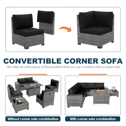 VONZOY 7 Piece Patio Furniture Set with Fire Pit Table, Outdoor Sectional Conversation Sets Wicker Rattan Sectional Sofa with Coffee Table for Patio Garden Backyard, 4'' Thickened Cushion Black - Thumbnail 5