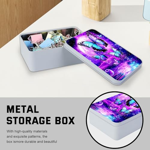 Image of Metal Tin Box with Lid for Game Cards Home Organizer Candles Keys Crafts Storage - Equipped with 4 Magnetic Cord Clips,Purple Moon Blue Butterfly