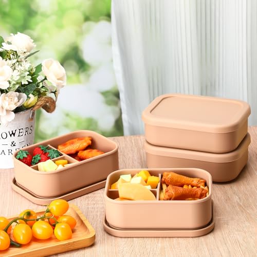 Image of Honeydak 4 Pcs Silicone Bento Box, 3 Compartment Lunch Food Container for Women Men, Leak Proof Microwave Easy to Clean Dishwasher Freezer Safe (Yellow)