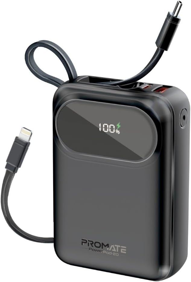 Promate Power Bank, Universal 20000mAh Ultra-Compact Portable Charger, 27W Lightning Cables, Built-In 35W USB-C Power Delivery, 22.5W USB-A QC 3.0 Port for iPhone 15, Galaxy S24, POWERPOD-20 (Black)