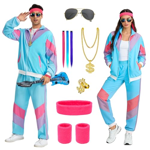 PATEMZON Fato de anos 80 90, traje de fato de treino para homem e mulher, fato dos anos 80 e 90, fato de treino para adulto, com guitarra insuflável e faixa desportiva, disfarces retro carnaval (azul