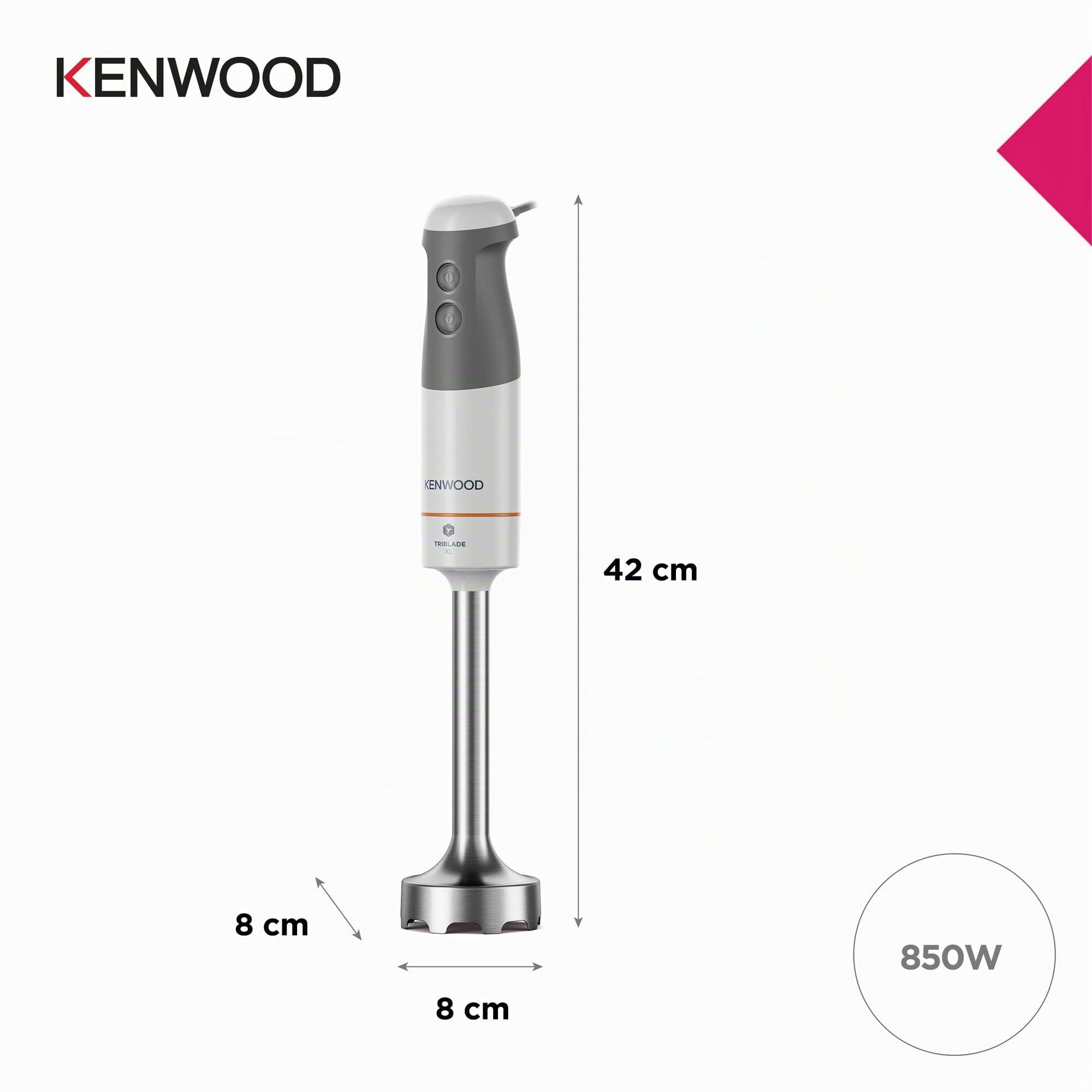 Kenwood Stabmixer HBM40.302WH, TriBlade System mit 3 Klingen, 1 Geschwindigkeit + Turbo, Metallstab 20 cm, inklusive Schneebesen, Messbecher, Zerkleinerer 0,5 l, 850 W, Weiß