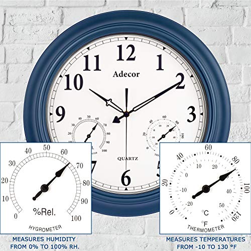 Outdoor Clocks With Thermometer And Hygrometer Combo, Waterproof Metal Wall Clock, Large Display Silent Non Ticking Battery Operated Clock For Garden/Patio/Pool/Lanai/Fence (18 Inch, Navy Blue) #TOP2
