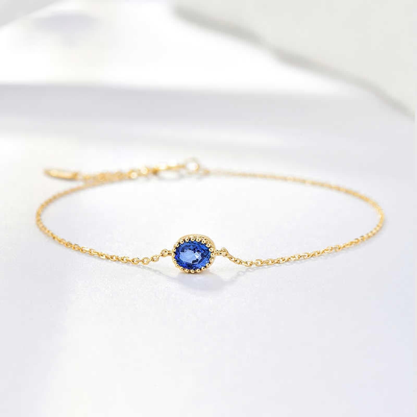 Pulsera de eslabones de cadena para mujer, pulsera vintage de zafiro azul de 0,4 quilates, cadena ovalada de oro amarillo