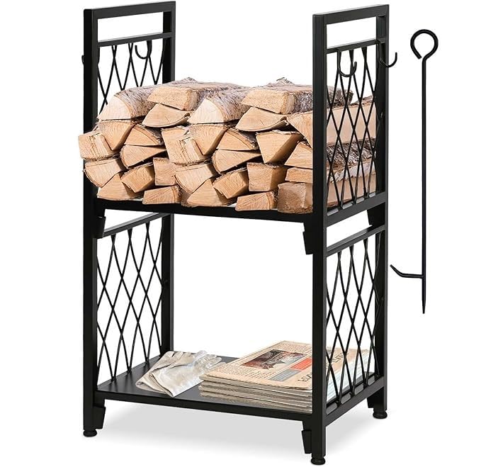 New Mark Impex Dr Home 2-Tier Firewood Storage Rack, Black Metal, Minimalist Design with 20mm Thickened Tube, No-Screw Portable Structure, (30.5x18x13 Inches)-image-8
