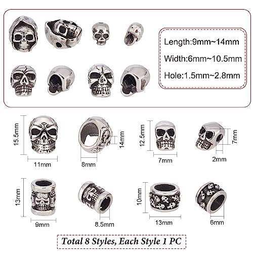 UNICRAFTALE about 8Pcs 8 Style Skull Beads Stainless Steel Spacer Beads Antique Silver Skull Head Loose Beads 1.5~8.5mm Hole Skull European Beads Metal Beads for Jewelry Making DIY Bracelet Necklace - Image 4