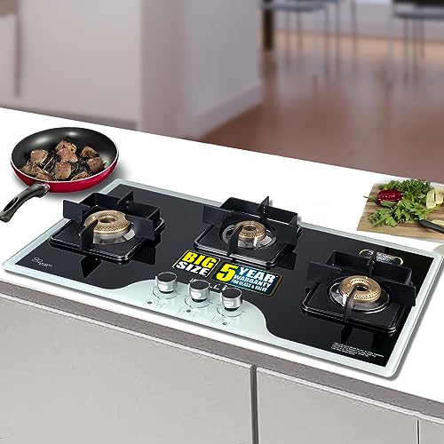 iBELL FLAME 3 Burner Hob Gas Stove, with Toughened Glass Top, Auto Ignition, Big Size (Black, 77 x 43 x 8 cm)