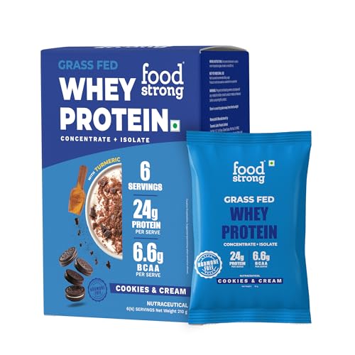 Image of Foodstrong Whey Protein Powder (Concentrate + Isolate), 100% Hormone Free Grass-Fed Whey, 24G Protein & 6.6G BCAA, Cookies & Cream, With Turmeric & Digestive Enzymes, 210G