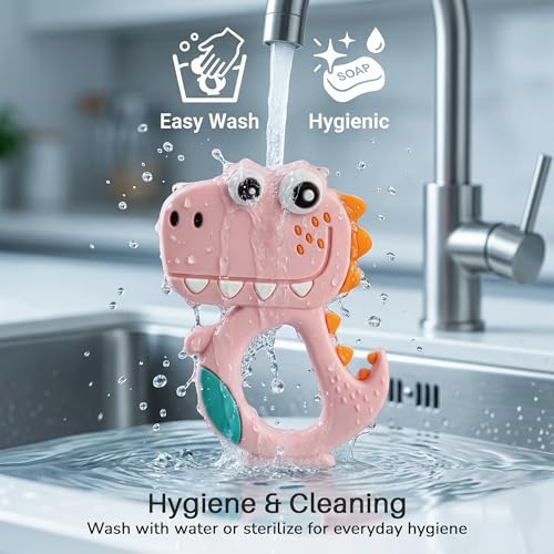 Image of Baybee Silicone Baby Teether for Teething Gums, Manhattan Teething Rattle Toy with Loops Ring, 100% Food Grade Silicone & BPA Free Teether Toy for Babies, Chew Teether for 6 to 12 Months (Dinosaur Pink)