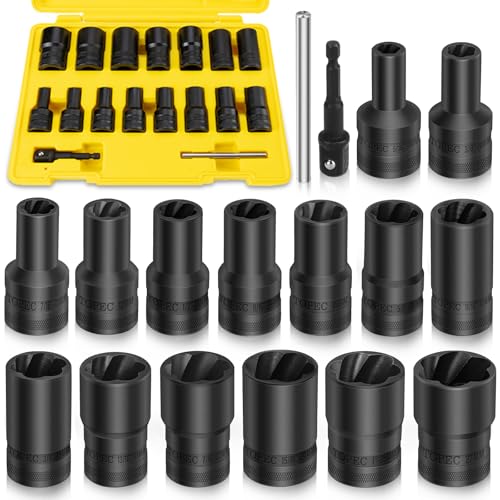 Image of Topec 17Pcs Lug Nut Extractor Set, 1 /2 inch Drive Locking Lug Nut Removal Tool, 8-27mm Wheel Lock Removal Kit, Deep Bolt Extractor Socket Set for Stripped, Broken, Rounded Bolts