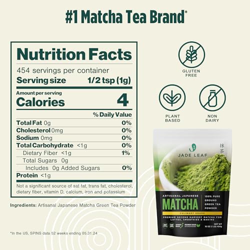 Image of Jade Leaf Matcha - Artisanal - Culinary Grade, Second Harvest, Authentic Japanese Origin Matcha Powder for Lattes, Smoothies, and Baking, 454 Servings (1 Pound Bulk Pouch)