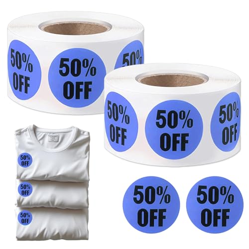 Etiquetas adhesivas promocionales rebajas productos   Pack 5 rollos   25mm azul   Pegatinas descuento 50% autoadhesivas   Señalización ofertas tiendas almacenes comercios