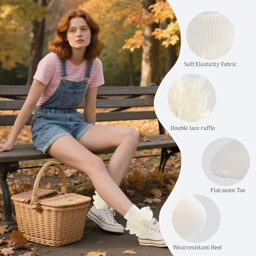 Image of Women Big Ruffle Ankle Socks Adult Double Lace Frilly Socks Fold Cuff Cotton Ruffled Dress Crew Bobby Bride Sock