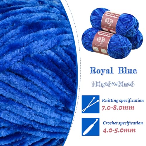 Image of LUNARM Chenille Yarn 3 Pack 3.5oz Chunky Blanket Velvet Yarn 263 Yard | Royal Blue Chunky Chenille Yarn for Beginners Crocheting Hand Knitting Scarves with Big Eye Needles Machine Washable